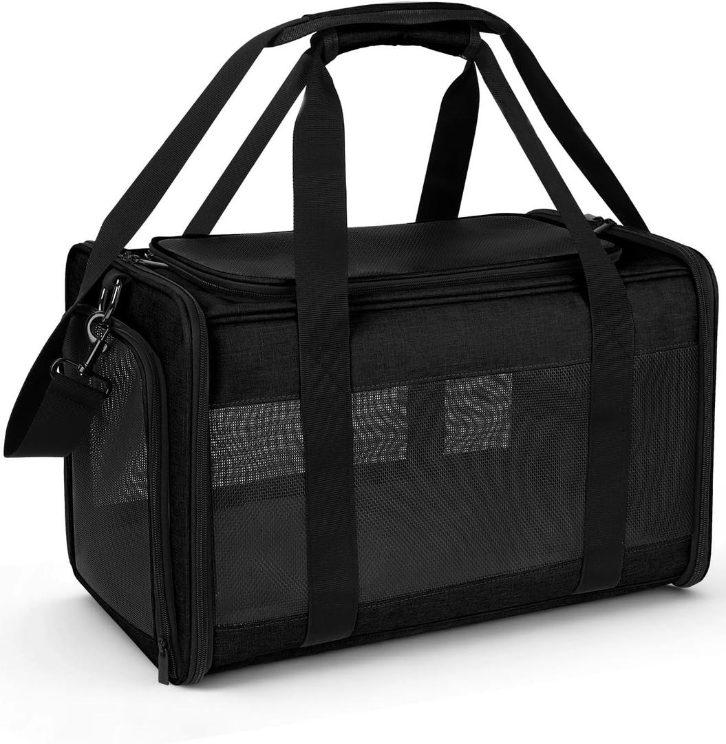 Hipubby Cat Carrier Dog Carrier for Pets Up to 16 Lbs, Soft-Sided Pet Travel Carrier for Cats and Small Dogs, Airline Approved Pet Carrying Case with Shoulder Strap & Removable Mat - Black