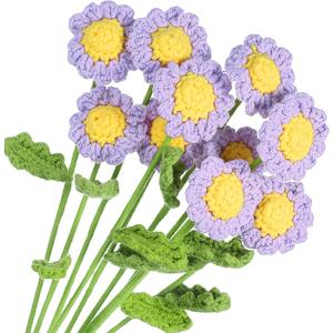 MECCANIXITY Crochet Flowers Handmade Knitting Daisy Artificial Woven Small Potted with Stems for Valentine's Gifts Home Wedding Party Office Table Decor, Light Purple Count 10