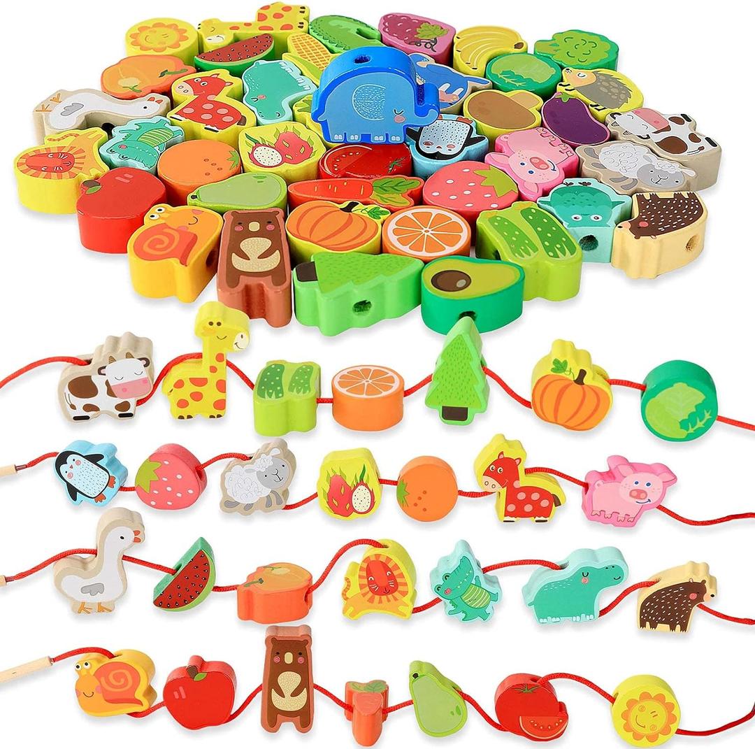 BMTOYS Montessori Educational Threading Toys Wooden Stringing Farm Animals Fruits Lacing Beads Preschool Toy for Toddler 3 4 5 Year Old Boys Girls (Rainbow)