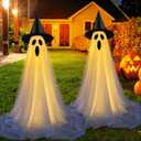 Outdoor Halloween Decorations - 2 Pack Light-Up Ghost Decor with Adjustable Height for Outdoor Porch & Yard, Frightening Standing Ghosts with LED Lights - Scare for a Haunted Halloween