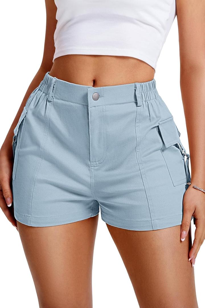 ELLEVEN Cargo Shorts Women Y2K Mini Summer Shorts with Pockets High Stretch Elastic Waist Cotton Casual Hiking Short Skinny Sexy Hot Streetwear Trendy Light Blue Medium (Blue, M)