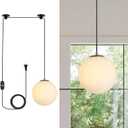 Plug in Modern Globe Pendant Light Mid Century Brass Ceiling Hanging Light with Milk White Lampshade Dimmable Minimalist 10" Chandelier with Plug in Cord for Living Room Bedroom Kitchen