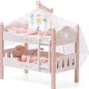 ROBUD Baby Doll Crib, Wooden Baby Doll Beds for 20 Inch Dolls, Baby Doll Bunk Beds with Tulle, American Girl Doll Bed for Gifts, Pink, Small