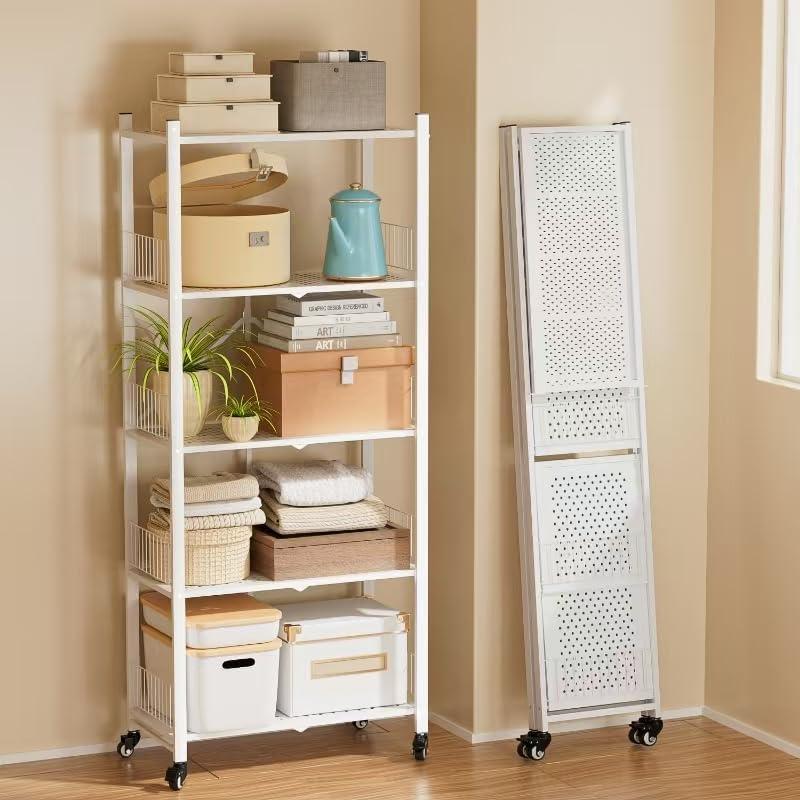Folding Shelves No Assembly, 5 Tier Heavy Duty Foldable Storage Shelves with Wheels, 220LBS Per Shelf Metal Collapsible Rack for Garage Pantry, White