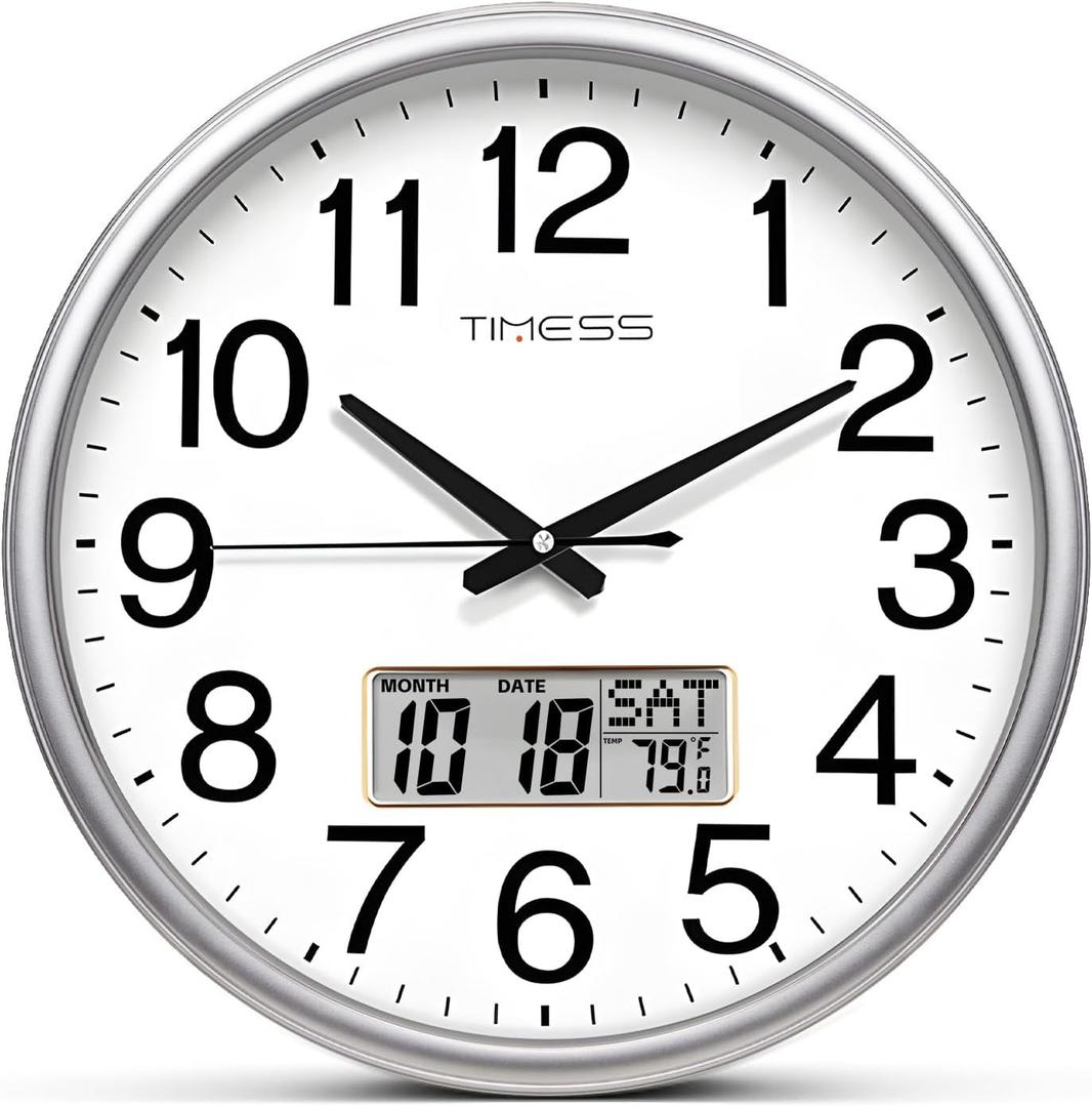 Wall Clock, 13 Inch Non-Ticking Silent Battery Operated Quartz Analog with LCD Display for Perpetual Calendar and F Temperature, Ideal Modern Home, Bedroom, Kitchen, Office Dcor (Sliver)