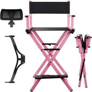 Lorvain Pink Foldable Makeup Artist Stool Chair, Aluminum Makeup Chair with Head Rest for Studio Salon Vanity, Bar Height