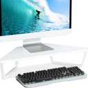TEAMIX 26 inch White Triangle Monitor Stand Riser, Desktop Corner Shelf with Metal Leg Wood Computer Stand with Storage Laptop Riser Office Organization