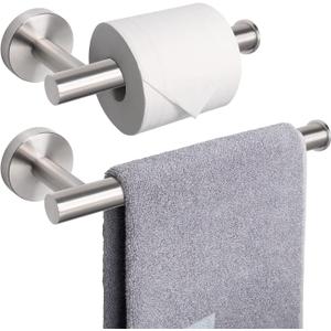 NearMoon Bath Toilet Paper Holder+ Hand Towel Holder, 2 Pieces Bathroom Hardware Set- Premium 304 Stainless Steel Toilet Roll Holder and Towel Rack Wall Mounted for Kitchen (Brushed Nickel)