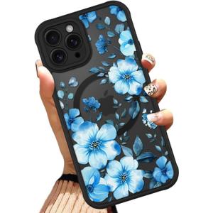 OOK Magnetic Case Fit for iPhone 11 Pro Max 6.5 Inch (Compatible with MagSafe) Soft TPU and Hard PC Phone Cover with Blue Floral Flowers Anti-Scratch Shockproof Protection Case for Women
