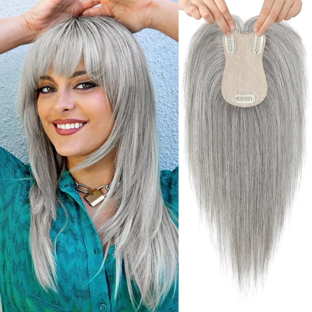 Flufymooz 100% Real Human Hair Toppers, 12 Inch Human Hair Toppers for Thinning Hair Large Hand-woven Area 360 Coverage Natural Hairpiece Wiglet for Women Daily 5"x3" Silk Base (Light grey)