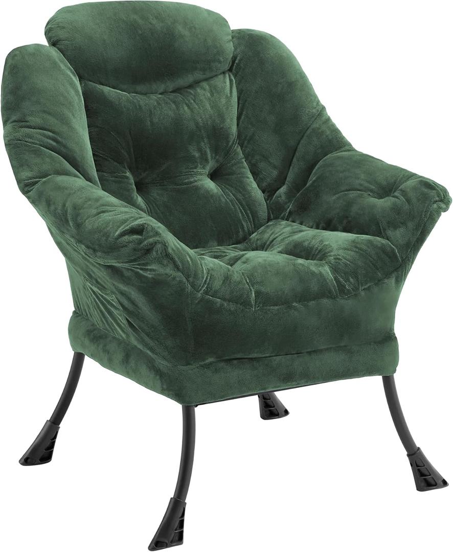 Fabric Lazy Chair for Adults, Oversized Upholstered Sofa Chair, Plush Comfy Lounge Chair with Large Side Storage Pocket, Thick Padded Reading Chair for Living Room, Bedroom, Study Room, Green