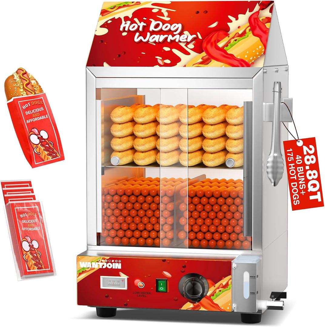 WantJoin Hot Dog Steamer - 28.8QT Commercial Electric Hot Dog Steamer with Bun Warmer, Glass Sliding Door Steaming Machine for 175 Hot Dogs and 40 Buns Adjustable Temperature Red