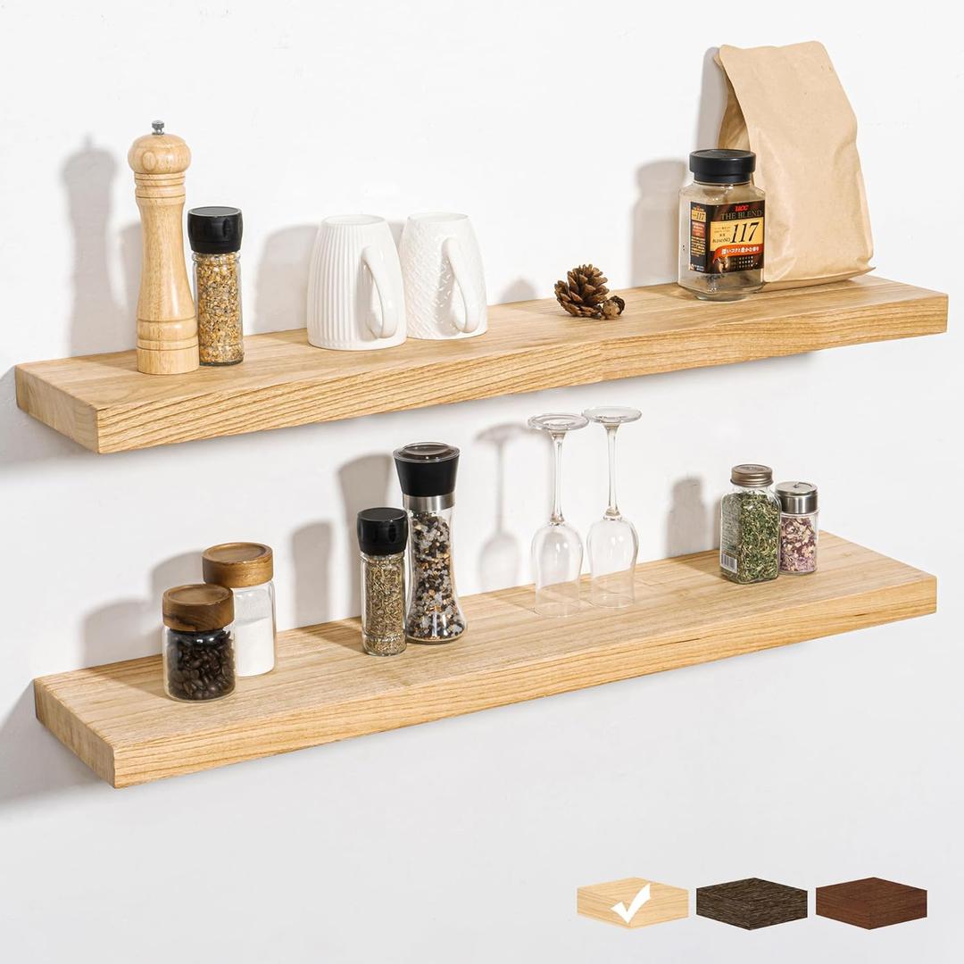 RICHFOCUS Rustic Wooden Floating Shelves for Wall - 36 Inch Wood Shelves Set of 2-7.9 Inch Deep Solid Paulownia Wood Wall Mounted Shelves with Upgraded Metal Brackets for Room Decor, Natural
