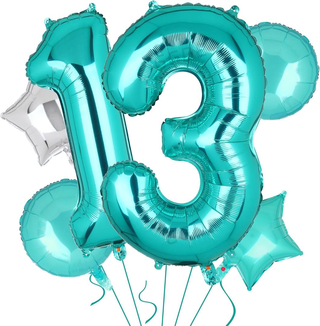 Teal Blue Number 13 Balloons 40 Inch Big Helium Mylar Digital Balloon Mermaid Theme Anniversary Wedding 13th Birthday Party Decor Supplies 5 Pcs