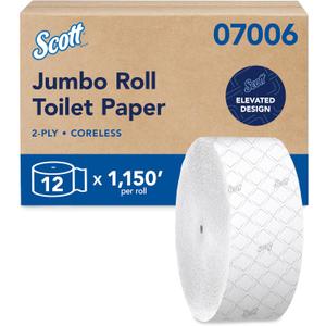 Scott Professional Coreless High-Capacity Jumbo Roll Bulk Toilet Paper (07006), 2-Ply, Elevated Design, White (12 Rolls at 1,150' Each, 13,800'/Case)