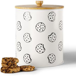 Cookie Jar with Airtight Lid - 1 Gallon - 6.6"D x 8"H White Iron Cookie Tin with Bamboo Lid - Large Cookie Jars with Lids Airtight - Farmhouse Cookie Jars for Kitchen Counter Decorative - Cookies Jar
