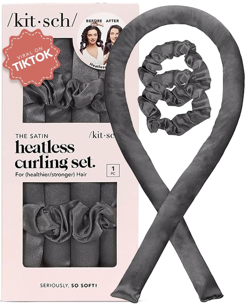 Kitsch Satin Heatless Curling Set  Heatless Curls Overnight with 34" Hair Curler & 2 Satin Scrunchies  Comfortable Hair Curlers to Sleep In for Frizz-Free, No Heat Damage Styling - Charcoal