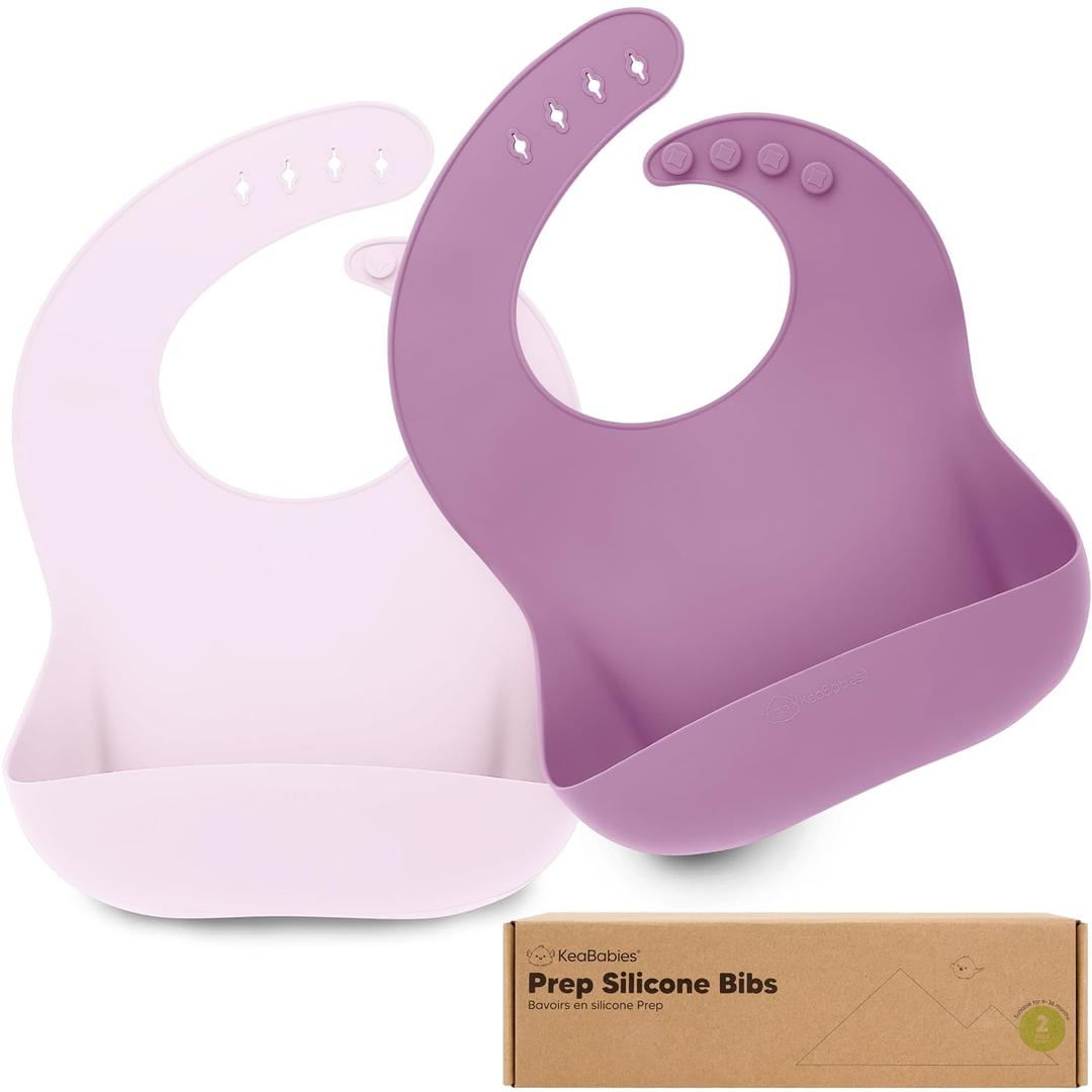 KeaBabies 2-Pack Silicone Bibs for Babies, Toddlers Girl, Boy  Sturdy Food-Grade Baby Bibs for Eating, Large Food Catcher, Clean & Put On Easily, Waterproof Toddler Feeding Essentials (Amethyst)