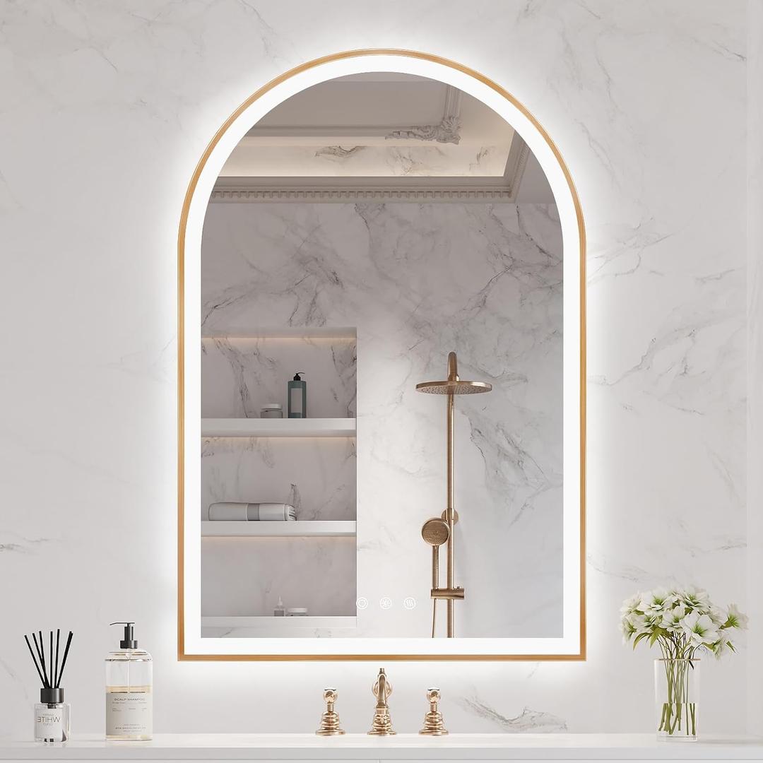 Arched LED Mirror for Bathroom 24"x36", Orange Gold LED Bathroom Mirror with Lights, Fogless, Dimmable, Shatterproof, Touch Sensor, 3 Color Changing
