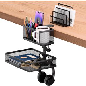 6-in-1 Clamp On Desk Organizer with Cup Holder & 360 Rotating Under Desk Drawer, Swappable Parts, Easy to Install Standing Desk Drawer Attachment, Space-Saving for Home & Office