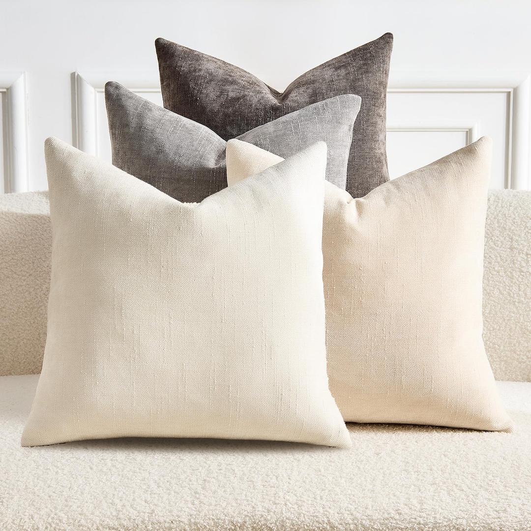 Pack of 4 Throw Pillow Covers 20x20 Inch Chenille Textured Neutral Grey Soft Pillow Covers Solid Decorative Farmhouse Cushion Covers Home Boho Decor for Couch Sofa Bed Living Room