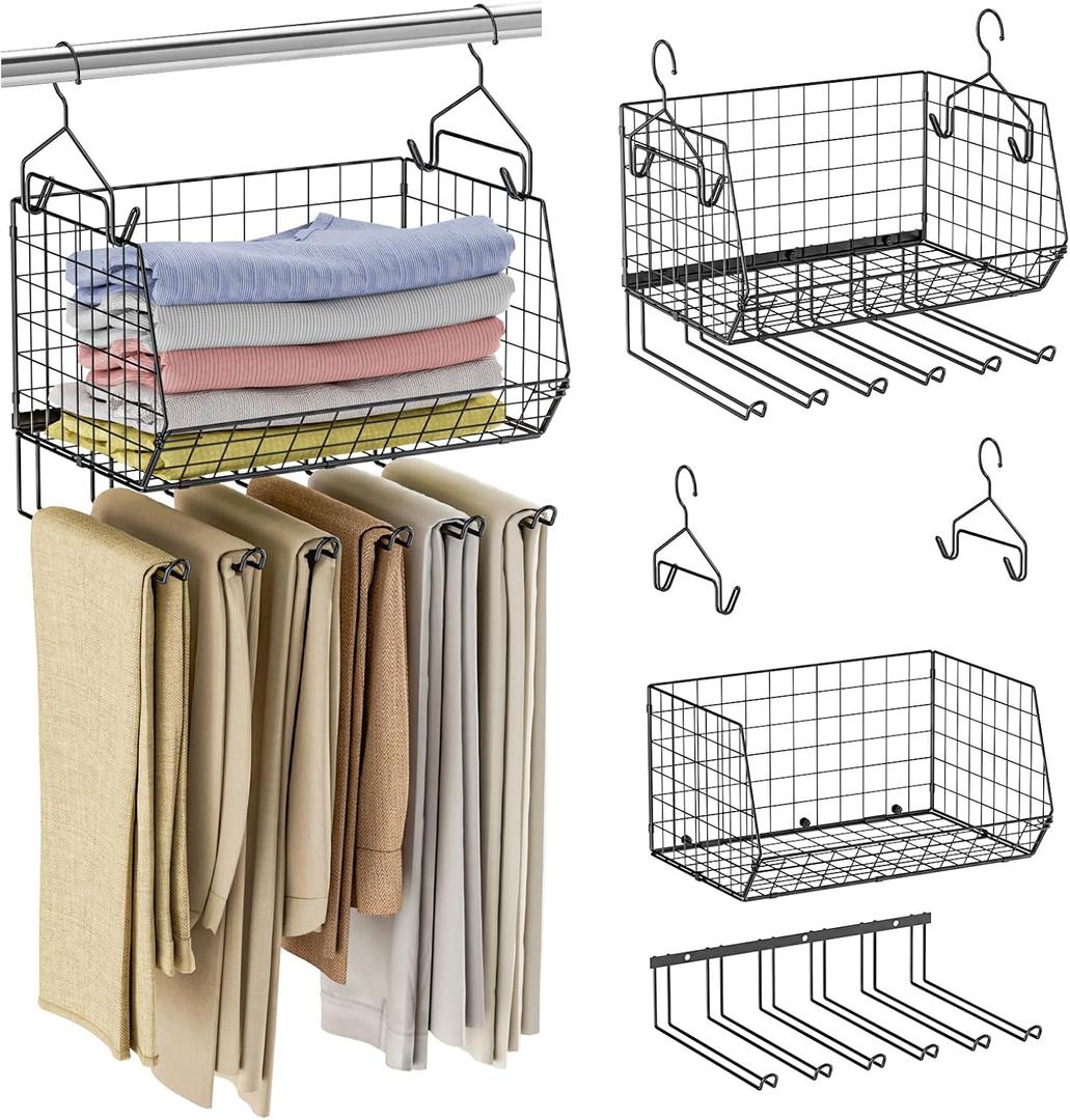 X-cosrack 2-Packs Hanging Closet Organizers and Storage with Pants Hanger, Collapsible Hanging Closet Shelves, Adjustable Hanging Organizer for Closet & RV, Black Large (2 Packs(16.5*12.2*19.3 inches))
