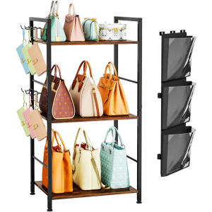 HapiRm Purse Organizer Storage Rack - Floor-Standing 3 Tier Purse Holder with Side Hooks and Transparent Pockets for Handbag Storage, High-Capacity Bag Organizer for Closet, Home, Living Room
