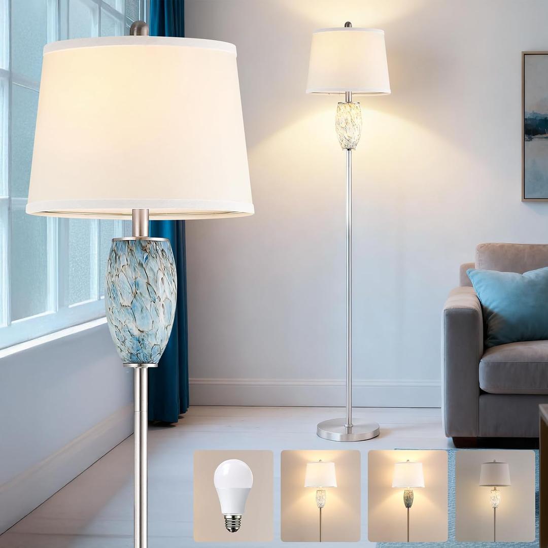 Lovlast 65" Tall Floor Lamp, Glass Coastal Lamp for Living Room Bedroom | Modern Standing Lamp with Nightlight for Bedside, Mid Century Corner Stand Up Light for Home and Office Decor, Bulb Included