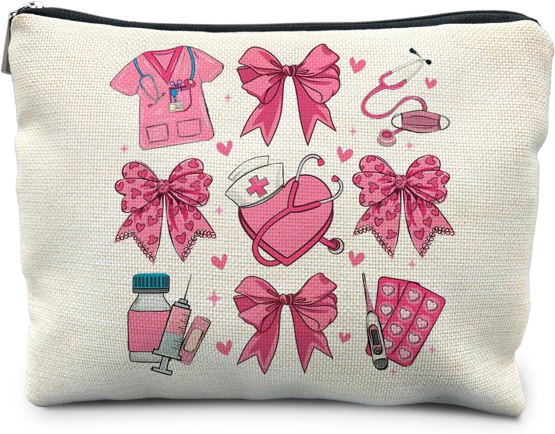 Coquette Pink Bow Nurse Makeup Bag, Nurse Gifts for Women Cosmetic Bags, Nurse Week Gifts Makeup Pouch, Nurse Appreciation Gifts Zipper Pouch
