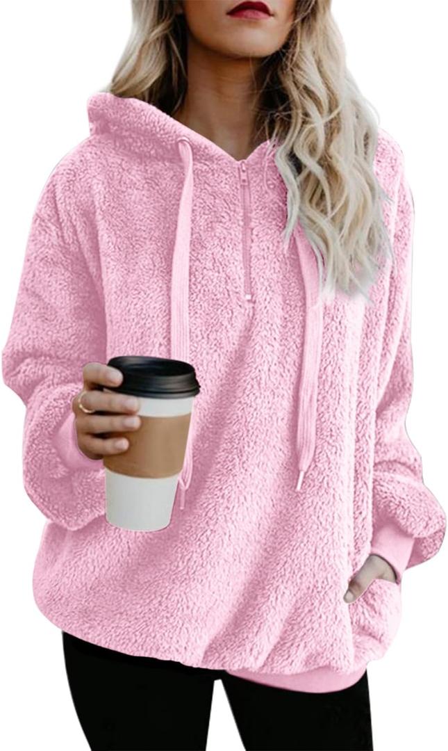 Yanekop Womens Fuzzy Fleece Pullover Oversized Sherpa Jacket Half Zip Pullover Sweaters Winter Faux Fur Jacket Coat (3X-Large, B Pink)