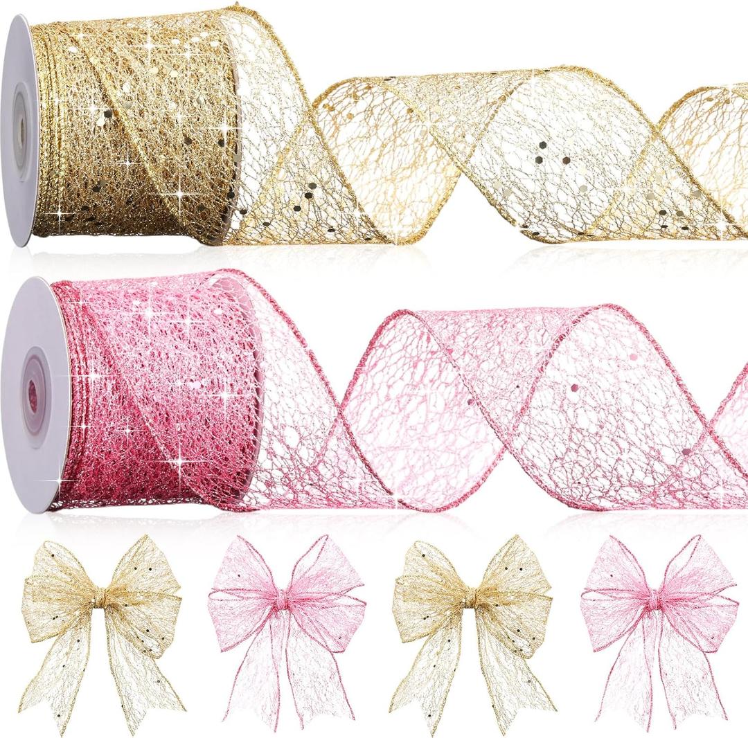 Geosar 2 Roll Gold Pink Mesh Glitter Ribbon 2.5 Inch x 10 Yard Christmas Glitter Sheer Metallic Wired Ribbon for Home Party Gift Wrapping Wreath DIY Crafts Xmas Tree Decor