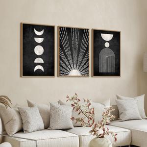 Framed Boho Canvas Wall Art - Mid Century Geometric Sunshine Pictures Prints Black and White Minimalist Artwork Bohemian Wall Art for Bedroom Living Room Bathroom Office Decor 16" x 24" x 3 Piece Set