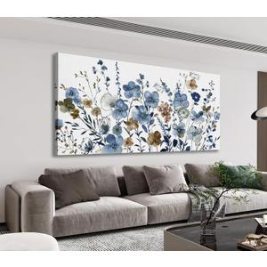 LUEAXRG Floral Wall Art - Abstract Flowers Canvas Pictures for Living Room Wall Decor, Indigo Brown Botanical Prints Modern Nature Painting Artwork for Bedroom Kitchen Office Decor 29" x 58"