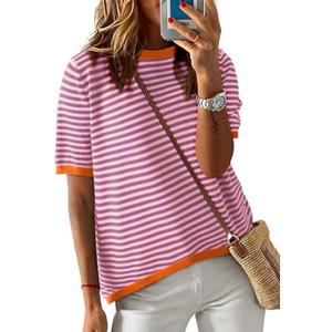 Dokotoo Womens Tops Casual Summer Crewneck Short Sleeve Striped Color Block Knit High Low Trendy Pullover Sweaters S