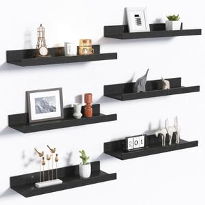 upsimples Floating Shelves for Wall, Wall Shelves for Decor Storage Set of 6, Wall Mounted Wood Shelf for Bedroom, Living Room, Bathroom, Kitchen, Picture Ledge Shelf, Black (15.7in)