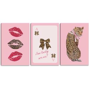 3 PCS Pink Cheetah Canvas Wall Art Pink Bow Painting Poster Fashion Leopard Wall Decor Cheetah Bow Pictures for Girls Living Room Bathroom Bedroom Home Decoration 12*16 in ( Stretched Canvas on A Wooden Frame)