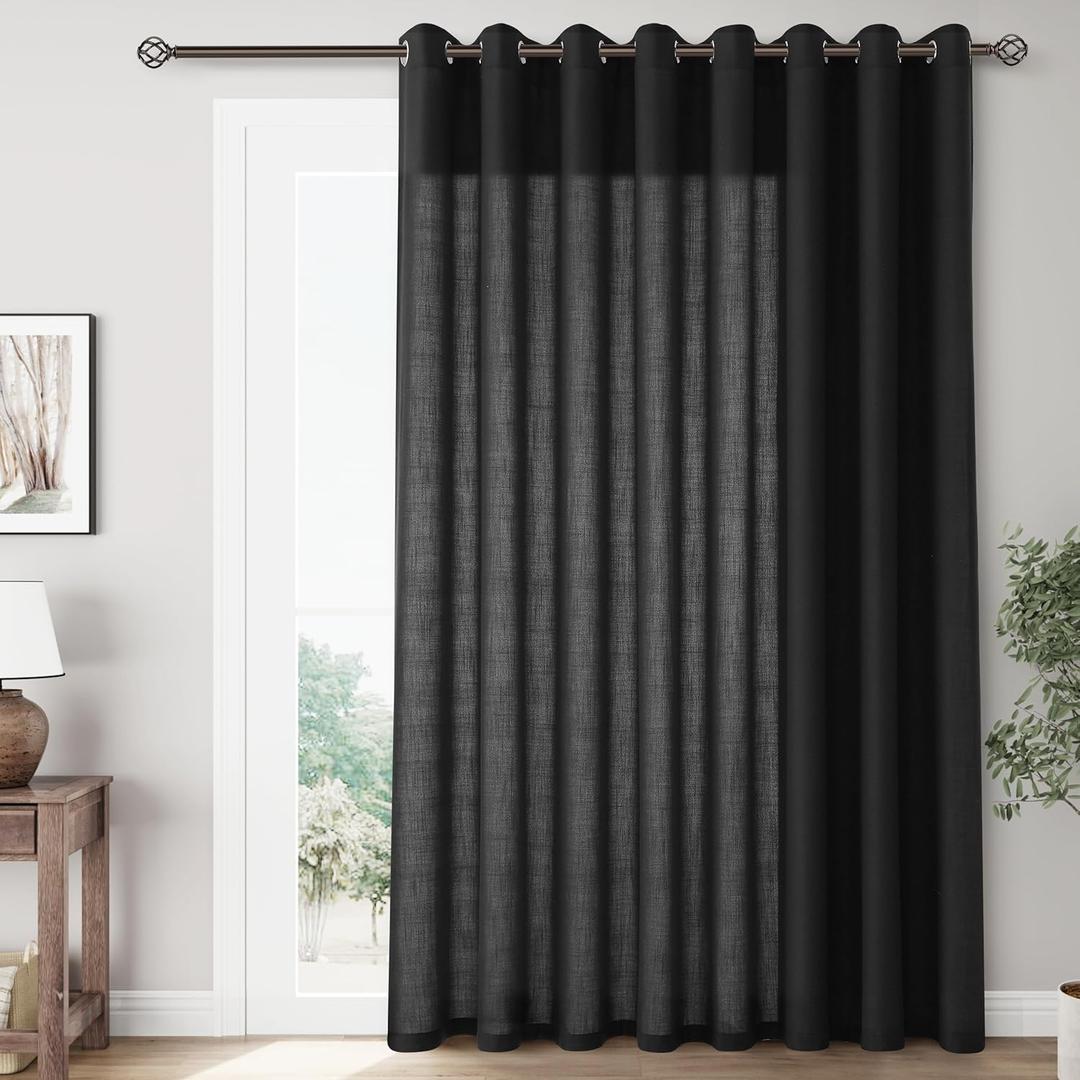 Black Extra Wide 100 inch Linen Curtains for Living Room Divider Light Filtering Semi Sheer Patio Curtains for Sliding Door Coastal Decor Sunroom Floor to Ceiling Window Curtain Panels, Size 100x50