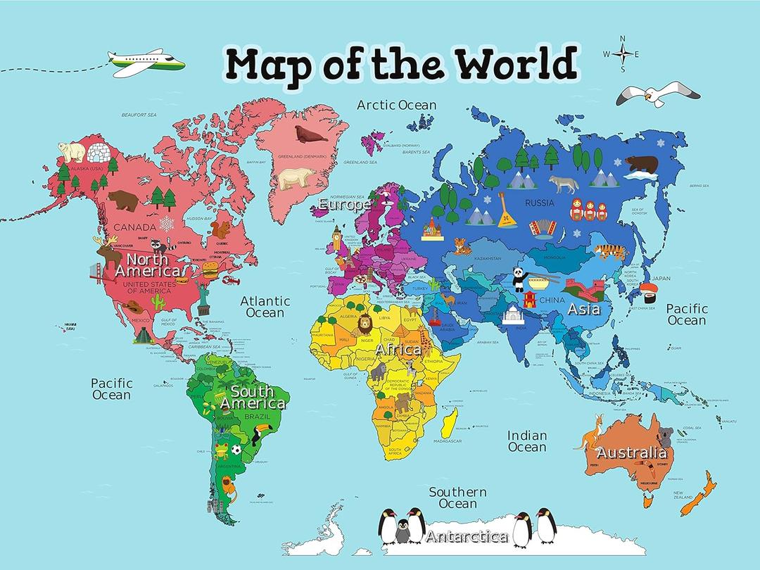 MWB World Map Wall Art Poster for Kids - Educational Map Posters for Kids includes Countries, States, Capitals & Pictures | Perfect for Classroom Decor or Home | 18" x 24" Laminated Durable Poster