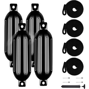 4.5/5.5/6.5/8.5/10/16 inch Boat Fenders 4 Pack,Ribbed Twin Eyes Vinyl Boat Bumpers Fenders,Boat Bumpers for Docking Come with Ropes Needles and Pump to Inflate