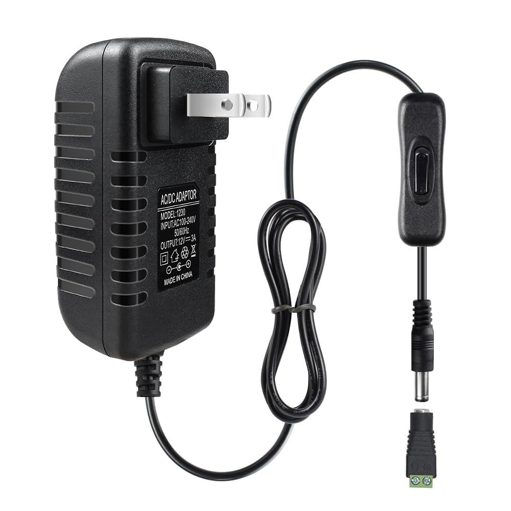 12V Power Supply, 12 Volt 3A 36W DC Power Supply with On Off Switch, Black Switching LED Power Adapter, AC 110V to 12V Wall Wart Transformer Plug for LED Strip Lights with 5.5/2.1 DC Female Connector