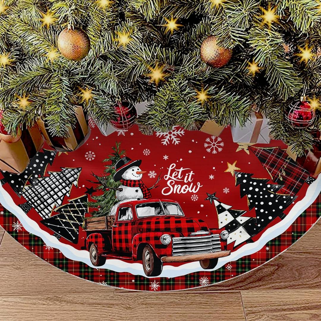 Christmas Tree Skirt 36 Inches, Red Truck Xmas Tree Skirt with Red Buffalo Plaid, Winter Christmas Tree Mat Decorations for Home Party Holiday Indoor Outdoor
