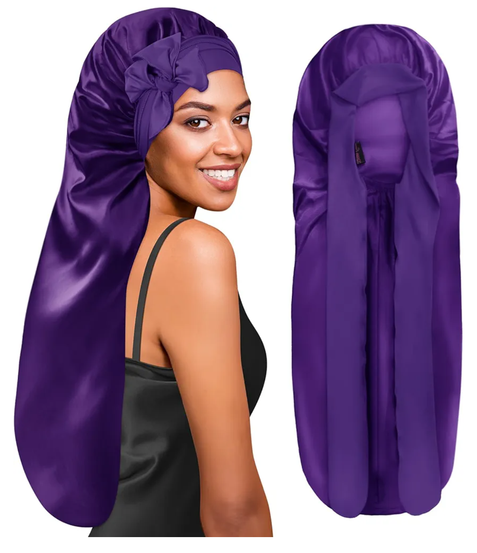 BONNET QUEEN Extra Long Braid Bonnet for Sleeping Silky Satin Foldable Weave Locs Curly Wigs Extensions Hair Tie Band Large 30" Purple