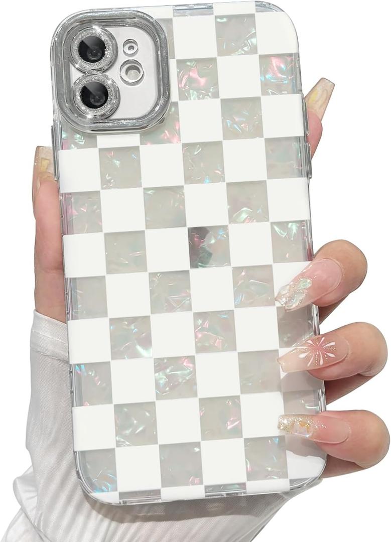 NITITOP Compatible with iPhone 12 Case Cute Checkerboard Checker Plaid Shell Textures for Girls Women Men Soft TPU Slim Hard Back with Lens Protective Phone Cover - White