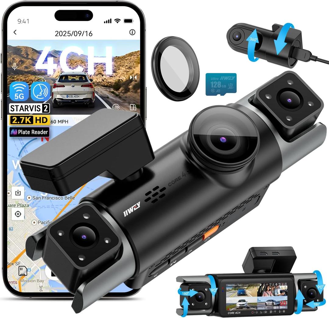 IIWEY 4 Channel Dash Cam 360 View, STARVIS 2 Front 2.7K Rear 2K Inside 1080P x2, 8IR LEDs Night Vision 3.0, PlateTag AI for Plate Clarity, 5GHz WiFi GPS, Voice Control, 24/7 Parking Mode, 128GB Card