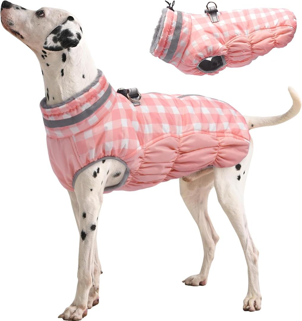 FUAMEY Dog Coat for Large Dogs,Waterproof Dog Winter Jacket with Harness Built in Puppy Cold Weather Coats Reflective Pet Vest with Zipper Warm Fleece Dogs Snowsuit Windproof Pink Plaid L (chest:24in)