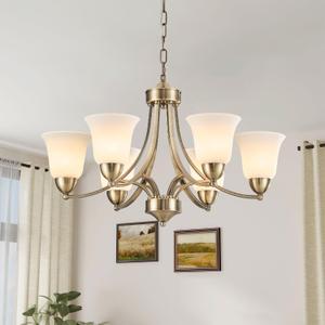 6 Lights Brushed Bronze Dining Room Light Fixture Farmhouse Modern Chandelier Pendant Light Champagne Bronze Adjustable Ceiling Hanging Lighting with Frosted Glass for Kitchen Island Living Room Foyer, 27.5" diameter x 18.1" height