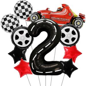 2 x Racing Party Decorations  10PCS Race Car Balloons Set with Red Car, Tires, Stars, Checkered Patterns & Number 2 Foil Balloon for 2nd Birthday Party Supplies