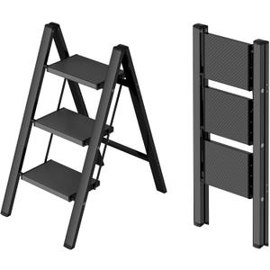 Taranta 3 Step Ladder,Aluminum Lightweight Folding 3 Step Stool with Anti-Slip Wide Pedal,330lbs Capacity Step Ladder for Household,Kitchen,Office - Black