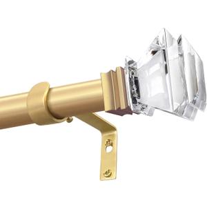 Exquisite Gold 46-148Inch Adjustable 1in Steel Curtain Rod with Acrylic Finials. Crystals Square Transparent Diamond, Easy to Install, Suitable for Bedroom and Living Room, Kitchen and Hotel