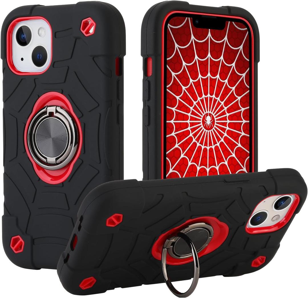 for iPhone 14 Case/iPhone 13 Case, with Kickstand (not Compatible with Plus Sized Models),Shockproof Hybrid Hard PC Soft Rubber Case for iPhone 14/13 6.1 inch (Black+Red)